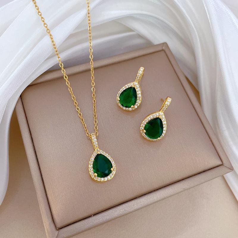 Stunning Green Gemstone Teardrop Pendant Set - 3 Pcs Gold Plated Elegance