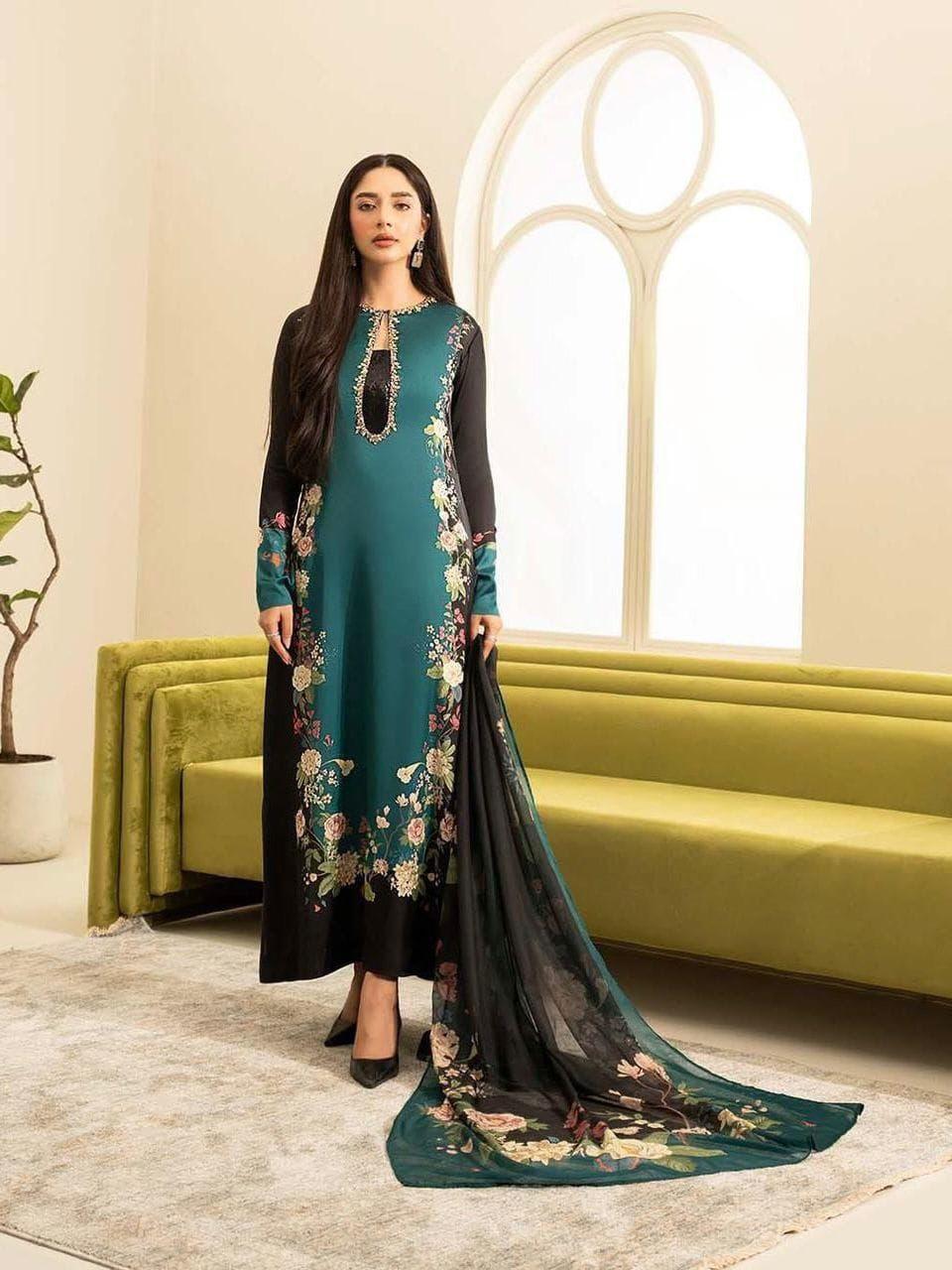 Beautiful Embroidered Silk Suit Set - 3 Pcs