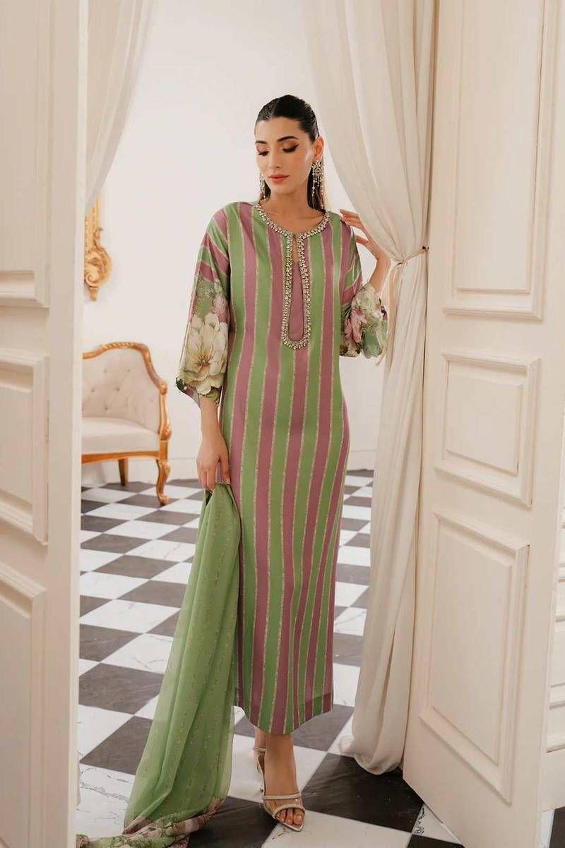 Stunning Light Green Embroidered Suit Set - 3 Pcs