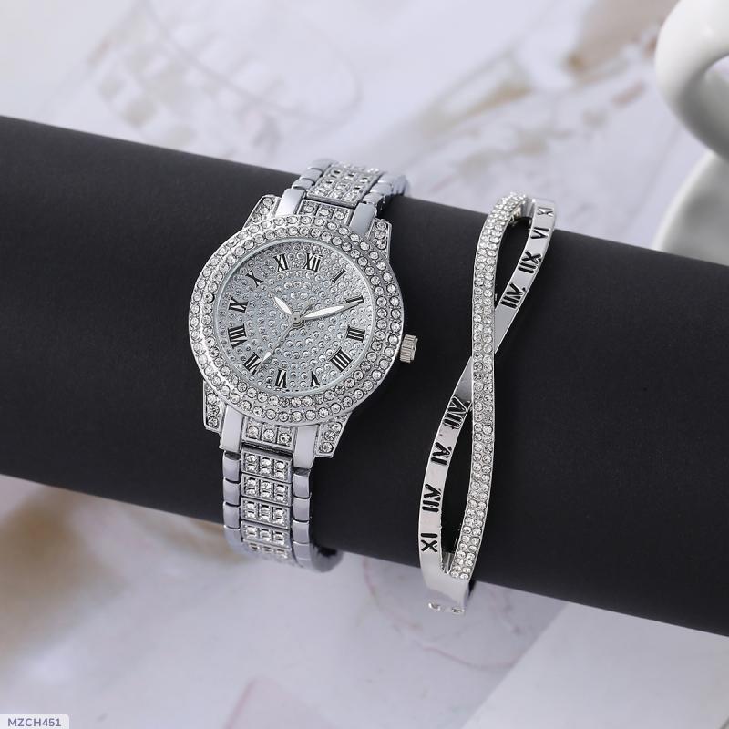 Women's Diamond Artificial Set - Roman Watch - Silver